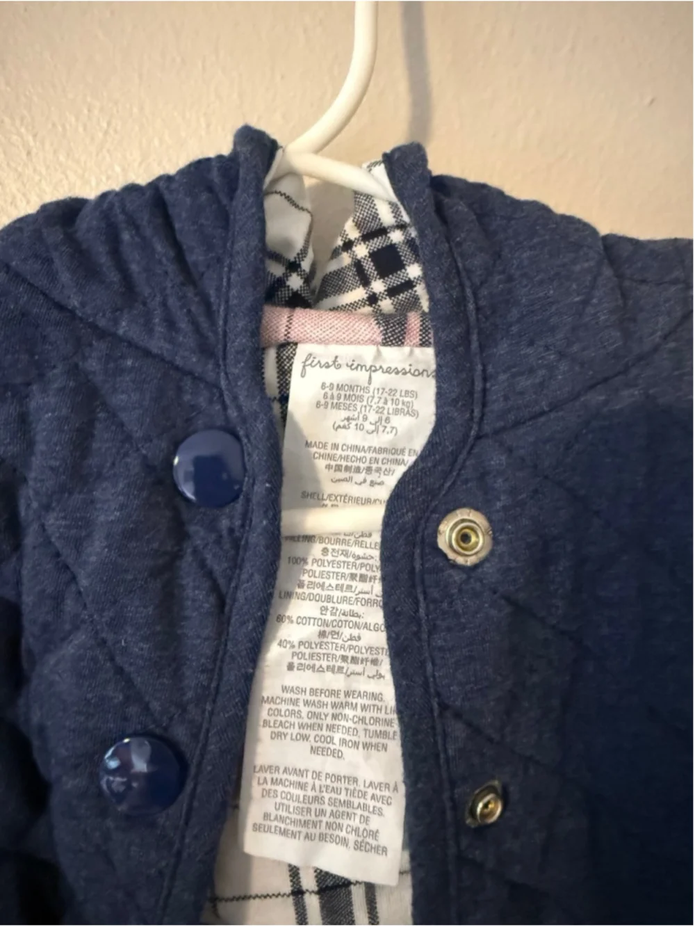 Quilted Navy Blue Hooded Jacket with Plaid Lining